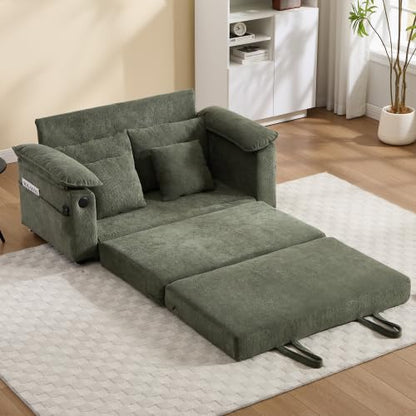 3-in-1 Convertible Sofa Bed, Upholstered Pull Out Loveseat Sleeper Sofabed | Foldable Loveseat Sleeper Couch with Pillows & Cushion, Space‑Saving Lounge Mattress Sofa for Living Room/Apartment, Green - color: Green