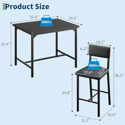 GAOMON Dining Table Set for 2 w/Backrest, Counter Height Table with 2 Upholstered Bar Stools, 3-Piece Kitchen Table Set with Footrest & Corner Protector, for Dining Room, Kitchen, Retro Black