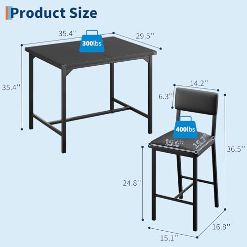 Stylish & Compact 3-Piece Counter-Height Table Set for 2, with 2 Padded Bar Stools Featuring Footrests & Corner Protectors, Ideal for Kitchen, Apartment, Pub, Easy Home Assembly - color: Retro Black, size: 1 Bar Table and 2 Upholstered Bar Chairs