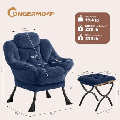 Lazy Chair with Folding Ottoman,Leisure Sofa Chair,Soft Fabric Armchair with Armrests and Side Pockets, Reading Chair with Footrest for Living Room, Bedroom, Office (Plush Navy) - color: Plush Navy