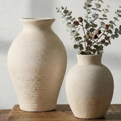 2 Pcs Rustic Farmhouse Vase Terracotta Clay Vase White Pottery Decorative Flower Pot Vintage Decor for Table, Living Room, Shelf, Mantel Decoration