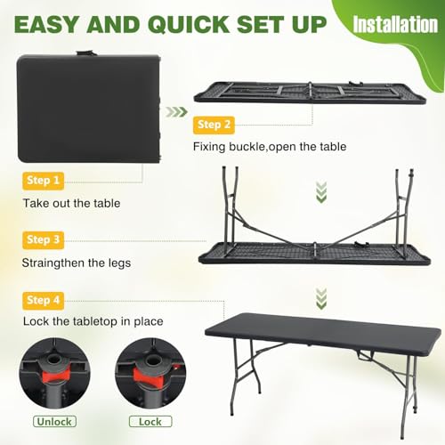 6FT Folding Table, Heavy Duty Plastic Table Portable Fold-in-Half Utility Table Indoor Outdoor Picnic Table w/Handle & Lock for Camping BBQ Party Wedding Market Events, Black - size: 6FT-Black