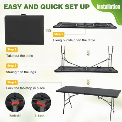 6FT Folding Table, Heavy Duty Plastic Table Portable Fold-in-Half Utility Table Indoor Outdoor Picnic Table w/Handle & Lock for Camping BBQ Party Wedding Market Events, Black - size: 6FT-Black