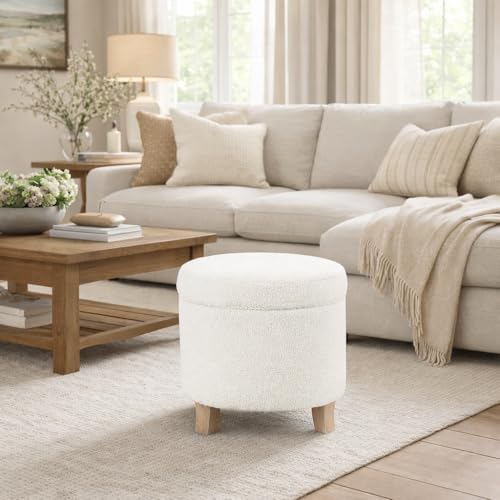 HomePop Round Transitional Faux Sheepskin Fabric Storage Ottoman Home Décor|Upholstered Round Foot Rest Ottoman- Light Cream Large - color: Light Cream