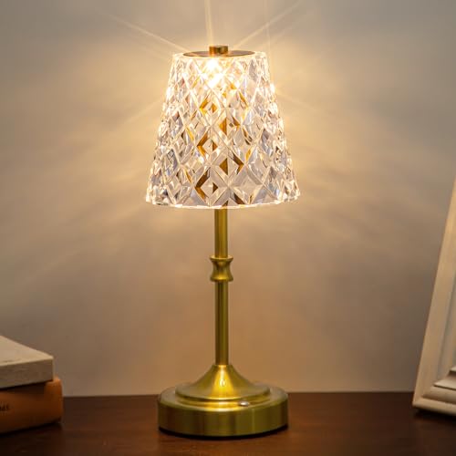 JACKYLED Cordless Lamp Rechargeable, Acrylic Crystal Lampshade, 3 Colors with Built-in Dimmer, 5000 Capactiy Power Operated Wireless Lamp for Kitchen Counter Bedroom Living Room - style: Diamond Lampshade