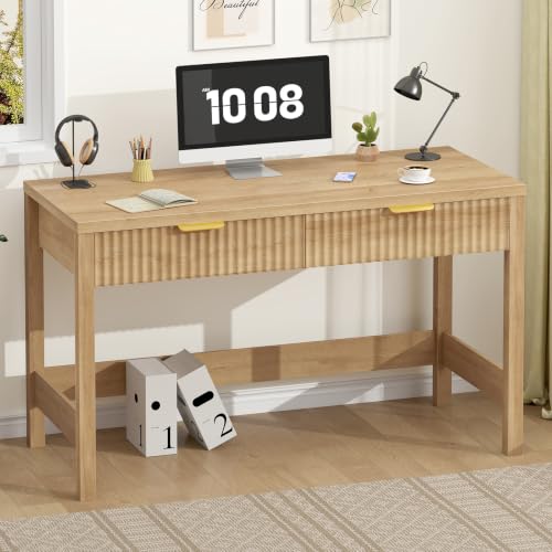 47 Inch Small Fluted Computer Desk with 2 Drawers for Bedroom, Home Office | Small Computer Desk with Storage, Compact Writing Study Desk for Small Spaces, Oak - color: Oak, size: 47-Inch Desk