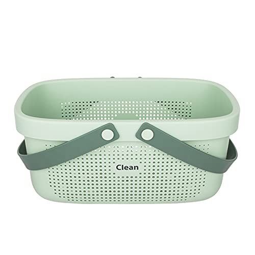 JiatuA Plastic Storage Basket with Handle Portable Shower Caddy Tote Organizer Basket Bin for Bathroom Kitchen Dorm Room Bedroom, Green | Sturdy Drainage Large Capacity Organizer Basket with Silicone Handles for Bathroom Kitchen Bedroom College Dorm Essen