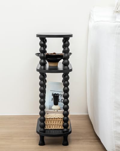 3-Tier Narrow Side Table, Slim End Table for Small Spaces | Skinny wooden side table with shelf storage. Ideal as living room accent or bedroom nightstand.Easy assembly, space-saving - color: Black