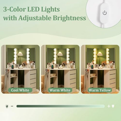 CHARMAID Corner Vanity Desk with Mirror and Lights, White Makeup Vanity Table with 5 Drawers, Storage Shelves, Charging Station, 3 Lighting Modes, Compact Vanity Dressing Table for Small Space