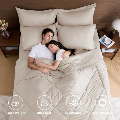 7-Piece California King Comforter Set, Beige | Reversible, All-Season, Soft, 7 Piece Set, All-Season Reversible Bed in a Bag, Flat Sheet, Fitted Sheet, Pillowcases - color: Beige, size: California King