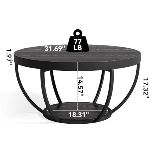 LITTLE TREE Round Coffee Table, 32" Circle Coffee Table for Living Room | 2-Tier Wood Accent Center Table with Open Storage Industrial Design Home Furniture (Black) - color: Black