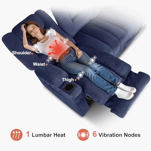 MCombo 82 in 3 Seater Reclining Sofa with Heat and Massage PR647 (Blue) | 155° Zero Gravity, Reclining Middle Seat, Dual Charging Ports, Cup Holders, FSC & OEKO Certified - color: Navy Blue, size: 3 Seater Recliner with Zero Gravity