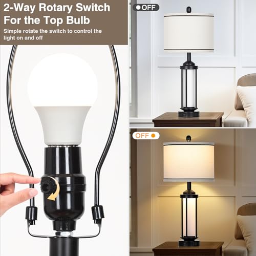 Rinweey Table Lamps Set of 2, Black Farmhouse Rustic Industrial Table Lamp with USB A+C Ports & AC Outlet, 26" Modern Bedside Lamps with LED Night Light & Linen Fabric Lampshade, Lamps for Bedroom - color: Black-5