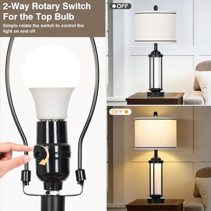 Rinweey Table Lamps Set of 2, Black Farmhouse Rustic Industrial Table Lamp with USB A+C Ports & AC Outlet, 26" Modern Bedside Lamps with LED Night Light & Linen Fabric Lampshade, Lamps for Bedroom - color: Black-5
