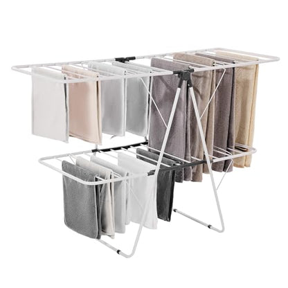 VEVOR Clothes Drying Rack, 2-Tier Foldable Laundry Dryer Rack with Sock Clips & 31 Dry Rods, Metal Height Adjustable Drying Racks for Outdoor & Indoor, Free-Standing & Space-Saving Hanger, White - size: 59"D x 23.6"W x 41.7"H