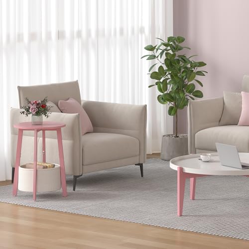sthmec Small Round Side End Table with Cloth Storage Basket, Round Bedside Sofa Couch Coffee Tables for Small Places with Metal Frame, Modern Nighstands for Living Room Bedroom, Pink - color: Pink