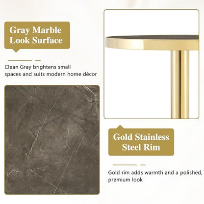TesNus 23.6" Small Round Dining Table for 2, Circle Tulip Table, Faux Marble Top with Gold Metal Pedestal Base, Modern Leisure Coffee Table for Small Spaces, Cafe, Office, Gray&Gold - color: Gray Top&gold Base
