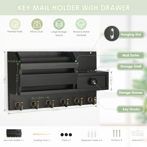 VIS'V Key Holder Wall Mount, Wooden Mail and Key Organizer, Black | Contains Little Drawer, Small Shelf, 2 Slots, 6 Hooks, for Entryway, Hallway, Doorway, Kitchen, Garage, Camper - color: Black
