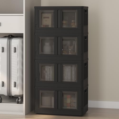FLEXIMOUNTS 150 QT Stackable Plastic Storage Bins With Lids, Black | Collapsible Foldable Storage Bins with Front Doors and Built-in Wheels, Organizers and Storage for Home, Dorm, 4 Pack Cubes - color: Black, size: 37 Qt-4 Pack