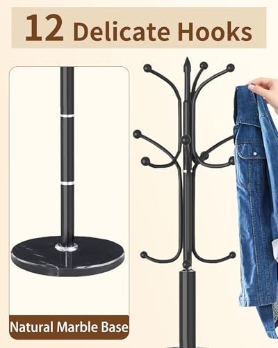 Modern Coat Rack Stand, Metal Freestanding Coat Rack with Natural Marble Base, Heavy-Duty Coat Racks with 12 Hooks,Black Coat Hanger Tree Stand for Office, Entryway, Hallway - color: Black