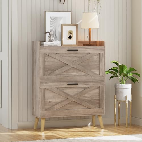Homleke Farmhouse Shoe Storage Cabinet with Flip Drawers & Barn Door Design | Slim Narrow Shoe Rack Cabinet with Adjustable Shelves & Hidden Storage for Entryway, Foyer, Hallway, Living Room, Greige - color: Greige
