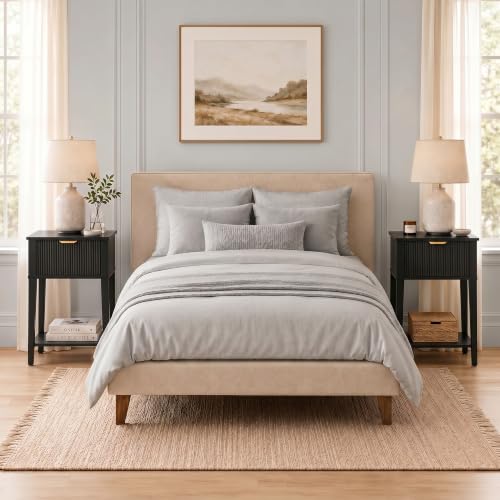 Black 15.4" Wide Small Nightstand with Drawer,Open Shelf,Fluted | Black wood-grain finish, fluted drawer front with gold handle, 11.8-inch slim depth, designer-inspired bedside storage - color: Black