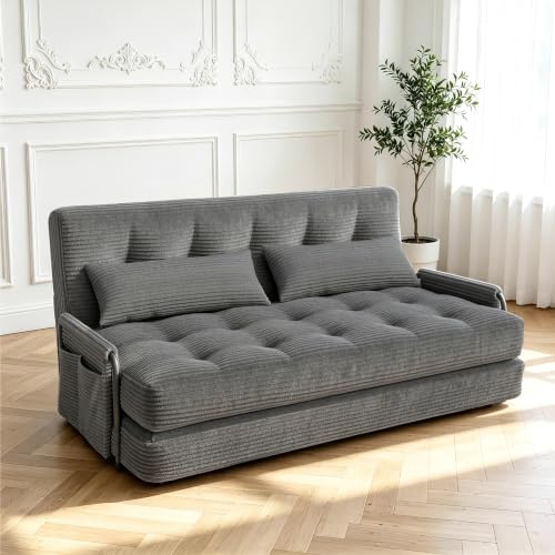 Futon Sofa Bed,Convertible Sofa Bed,Folding Boneless Couches | 3-in-1 Folding Sofa Bed,Boneless Couches for Living Room with Pillow & Side Pocket,High-density Foam,Double Sleeper,Grey - color: Dark Grey, size: Full