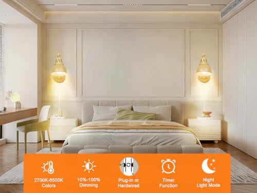 GOODATE 1 Pack Plug in Wall Sconce with Remote Control, Dimming, Adjustable Colors 2700K-6500K, Plug in Wall Light, Swing Arm Wall Lamp with Night Light & Timer, LED Bulb Included, Oak Finish - size: Oak-1 PACK(Bulb+Remote)