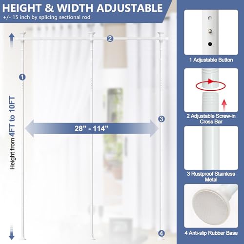 Room Divider, No Drilling Curtain Rod for Room Separation, 4-10ft (H) 28-114inch(W) Adjustable Heavy Duty Floor to Ceiling Tension Rod Wall Dividers Temporary Privacy Separator Window Rods White - color: White, size: 28-114 inch
