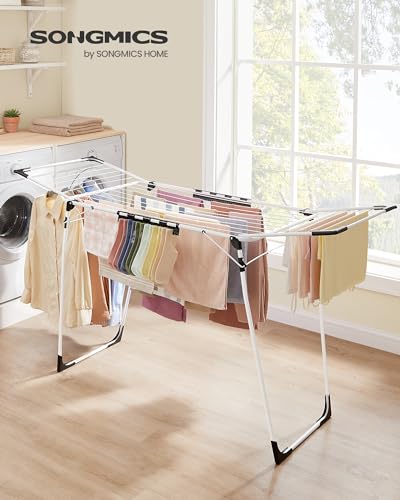 SONGMICS Clothes Drying Rack Foldable, Gullwing Laundry Drying Rack, Space-Saving, 22.2 x 68.1 x 38 Inches, Sock Clips, Metal Structure, for Clothes, Towels, Linens, Indoor, Outdoor White ULLR518W01 - color: White, style: 2 Gullwings（22.2"D)