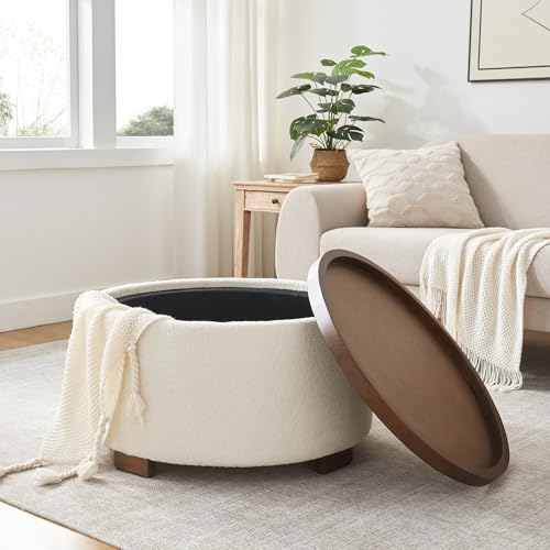 Zihanhome 30 Inch Round Storage Ottoman, Ottoman Coffee Table with Lift Off Lid, Boucle Modern Ottomans with Storage for Living Room, Bedroom, Apartments (Beige) - color: Beige