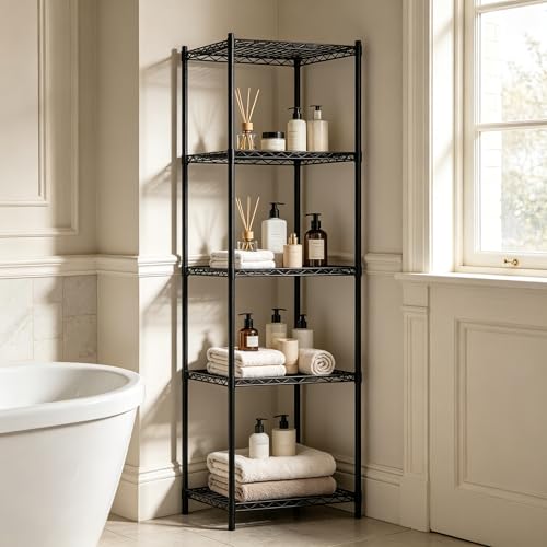 Wire Storage Standing Shelf Rack Tower, Corner Metal Shelving Unit with Adjustable Shelves, Space-Saving Organizer for Garage, Kitchen, Bathroom, 18 * 18 Inch - size: 5 Tier 18 Inch Width
