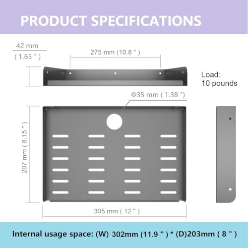 Metal Floating Wall Mounted Shelf Bracket for AV, TV Accessories, WiFi Router, TV Box, Cable Boxes, DVD Player, Games Consoles or Other Small Projectors (12 inches Width) | TV Accessories, WiFi Router, TV Box, Cable Boxes, DVD Player, Games Consoles or Ot