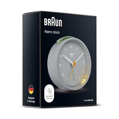 Braun Classic Analogue Alarm Clock with Snooze and Light, Quiet Quartz Movement, Crescendo Beep Alarm in Grey, Model BC12G. - color: Gray, size: 75 x 75 x 35 mm