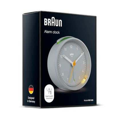 Braun Classic Analogue Alarm Clock with Snooze and Light, Quiet Quartz Movement, Crescendo Beep Alarm in Grey, Model BC12G. - color: Gray, size: 75 x 75 x 35 mm