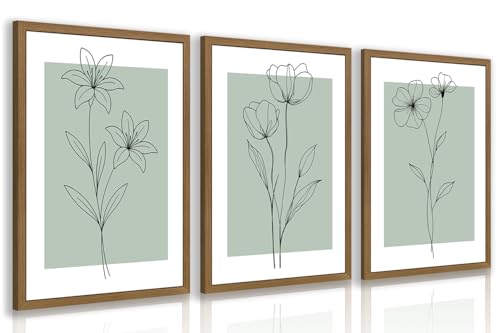 LERVR Wood Framed Minimalist Botanical Wall Art Set of 3, Modern Line Flower Art Prints, Sage Green Botanical Wall Decor, Neutral Floral Artworks for Living Room Bedroom Bathroom 12x16 Inch - color: GreenStriped, size: 16"L x 12"W