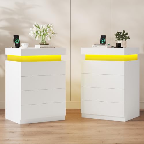 ADORNEVE White Night Stand Set of 2 with Sliding Top | Nightstand with Charging Station & LED Light,Bedside Table with Drawers,Modern Bed Side Tables Bedroom - color: White, size: 2PC