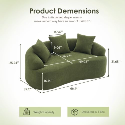 Loveseat Sectional Sofa for Living Room, 65" Modern Luxury Plush Chenille Sofa Extra Deep Seat Curved Cloud Floor Couch with 3 Throw Pillows for Small Spaces,Antique Green - color: Antique Green, size: 65 inch
