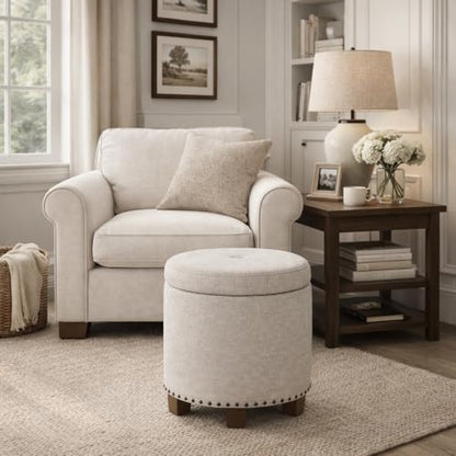 HomePop 18.5" Round Storage Ottoman with Nailheads - Light Brown Fabric - color: Light Brown Fabric