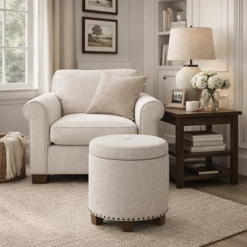 HomePop 18.5" Round Storage Ottoman with Nailheads - Light Brown Fabric - color: Light Brown Fabric