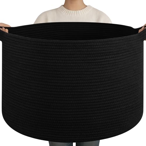 OIAHOMY 90L XXXLarge Blanket Basket for Living Room, 21.7" x 13.8" Woven Cotton Rope Laundry Basket for Organizing Pillows, Decorative Stuffed Animal Toy Storage for Nursery, Black - color: Black, size: 21.7"D x 13.8"H