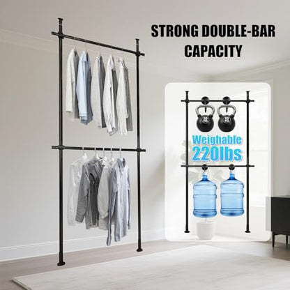Heavy Duty Double Bar Clothing Rack – Adjustable Floor-to-Ceiling Clothes Rack, 2 Crossbars 220 lbs Capacity Each, Heavy-Duty Carbon Steel, No-Drill Installation, for Laundry Room, Bedroom & Boutique