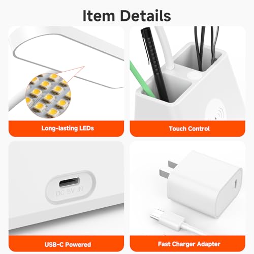 Desk Lamp with Fast Wireless Charger, College Dorm Room Table Light | 18 in, Adjustable LED, White, Small, Cute, for Home Office, with Charging Station, Pencil Holder