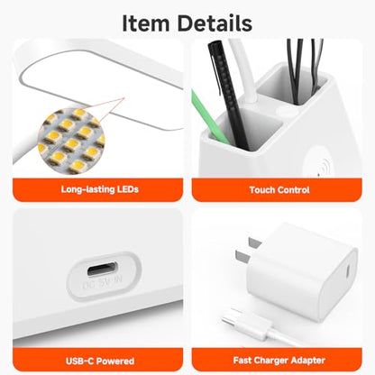 Desk Lamp with Fast Wireless Charger, College Dorm Room Table Light | 18 in, Adjustable LED, White, Small, Cute, for Home Office, with Charging Station, Pencil Holder