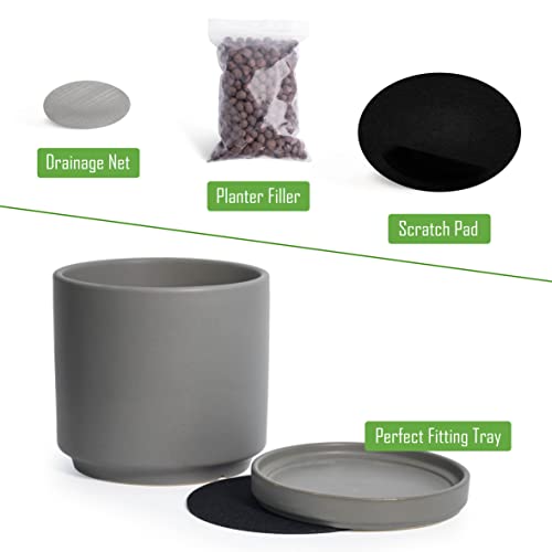 D'vine Dev 2-Pack Ceramic Pots with Saucers, Grey, 6 in, 94-V-C-3 | Modern Cylinder Design, Glazed Ceramic, Drainage Hole & Saucer Included, High Temperature Fired, Elegant Home Accent - color: Gray, size: 6 Inch