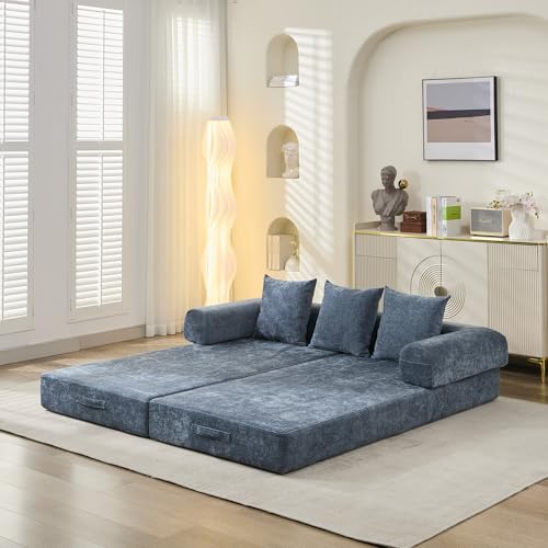 Convertible Folding Sofa Bed Modular Floor Couch, 78.8‘’ Cloud Sleeper Sofa with Removable Backrest, Chenille Foldable Mattress Couch, Lazy Loveseat for Small Space, Apartment, Bedroom, Blue - color: #3-blue