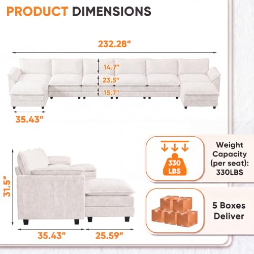 Homall 232" Oversized U Shaped Cloud Couch, Modular Sectional Sofa, White | 2 Movable Ottoman, Comfy Chenille, Double Layer Cushions, 6 Deep Seat, High-Density Foam, Easy Assembly, for Living Room - color: White, size: Oversized Sofa
