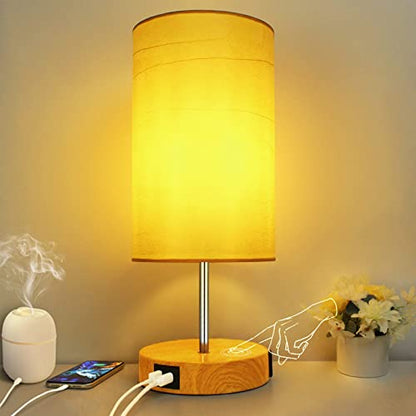 HiBay 17.75" Touch 3-Way Dimmable Bedside Table Lamp with Charging Station | Touch control, 3-way dimming, USB-A USB-C & AC outlet, farmhouse wood-grain adds cozy warmth for living room office desk - color: Wood Grain, size: Set of 1