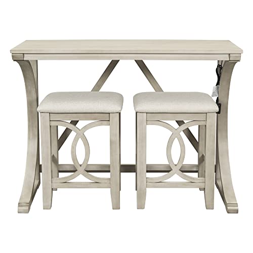 RuiSiSi 3 Piece Counter Height Dining Set, Farmhouse Kitchen Table Set with USB Port and 2 Upholstered Stools, Breakfast Nook Set for Kitchen, Dining Room, Living Room, Milky White - color: Milky White