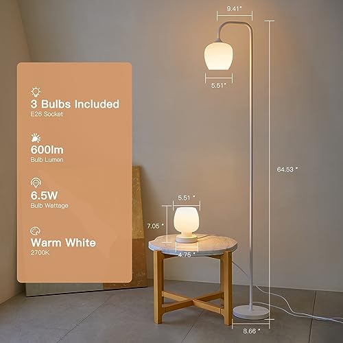 ONEWISH Lamp Set of 3 - Touch Bedside Table Lamps Set of 2 and 1 Floor Lamp, Modern Lamps for Bedroom Living Room Nightstand, White Opal Glass Lamp Shade, LED Bulbs Included Simple Design - color: 3-Piece Set White